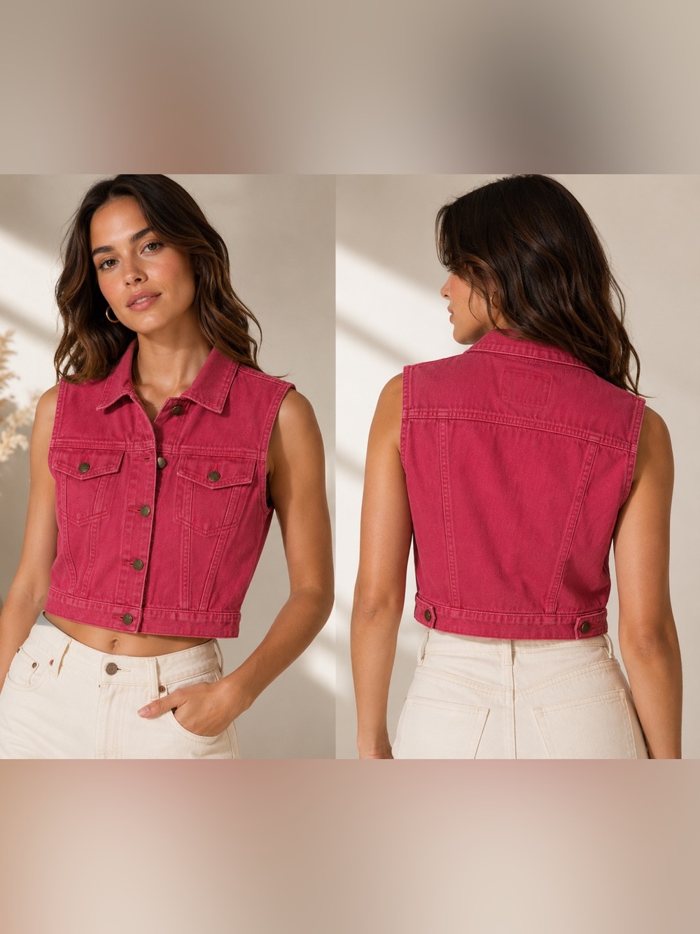 Vintage Sunbelt Pink Denim Vest Size L Cropped Cotton Y2K Western Boho